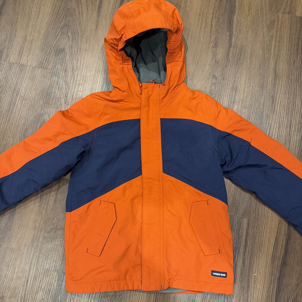 Lands' End Squall Kids Parka Boys Jacket Coat Fleece Lined Orange Gray L 7